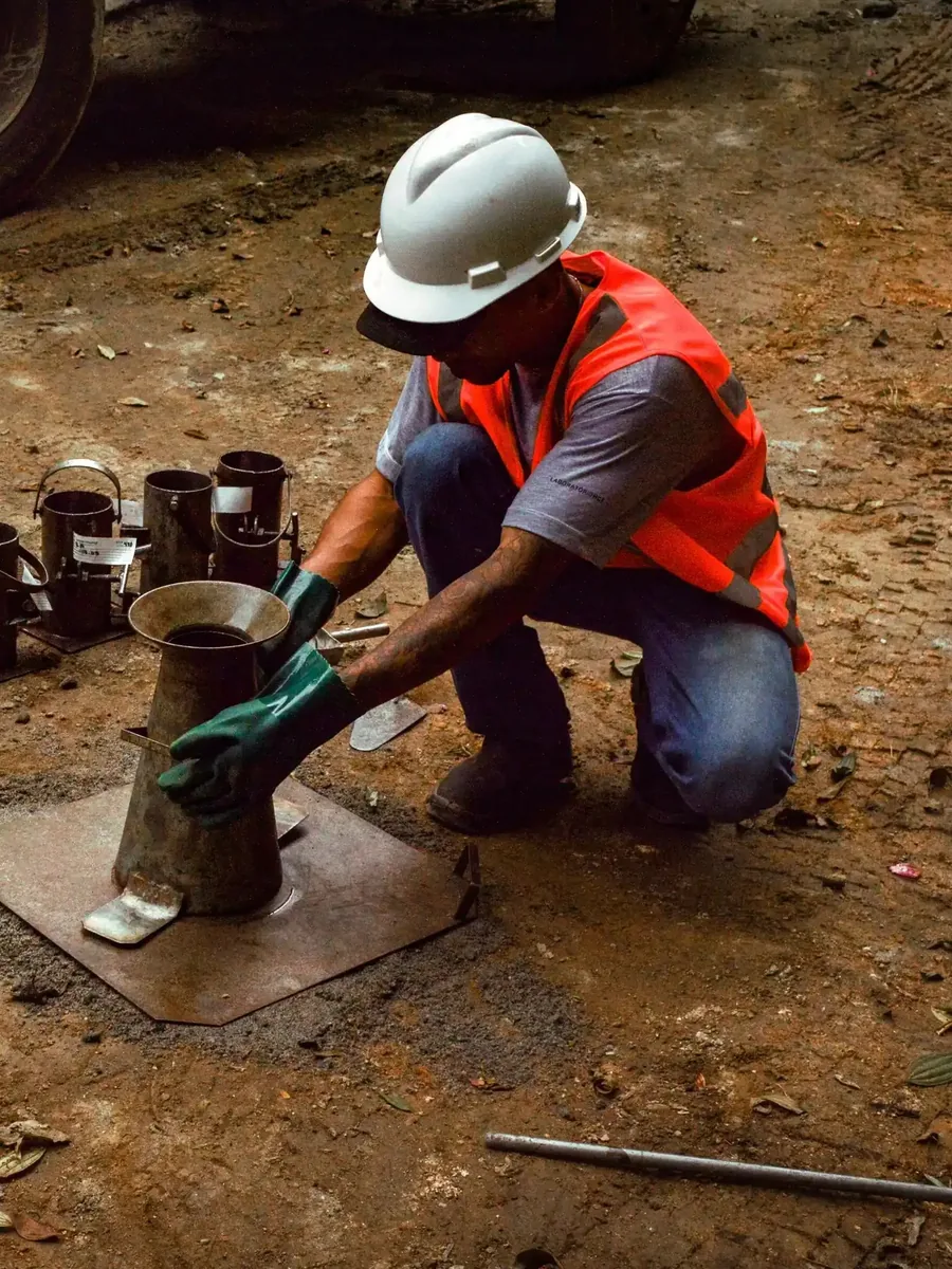 Técnico do Laboratório HCT no ensaio de abatimento, com o cone sobre a placa e os moldes de corpo de prova ao lado, no canteiro de obra